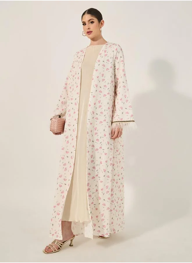 Styli Floral Print Jacquard Abaya Feather Trims Detail