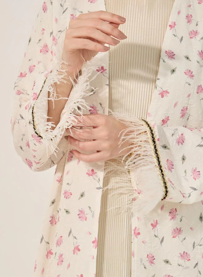 Styli Floral Print Jacquard Abaya Feather Trims Detail