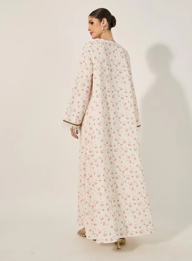 Styli Floral Print Jacquard Abaya Feather Trims Detail