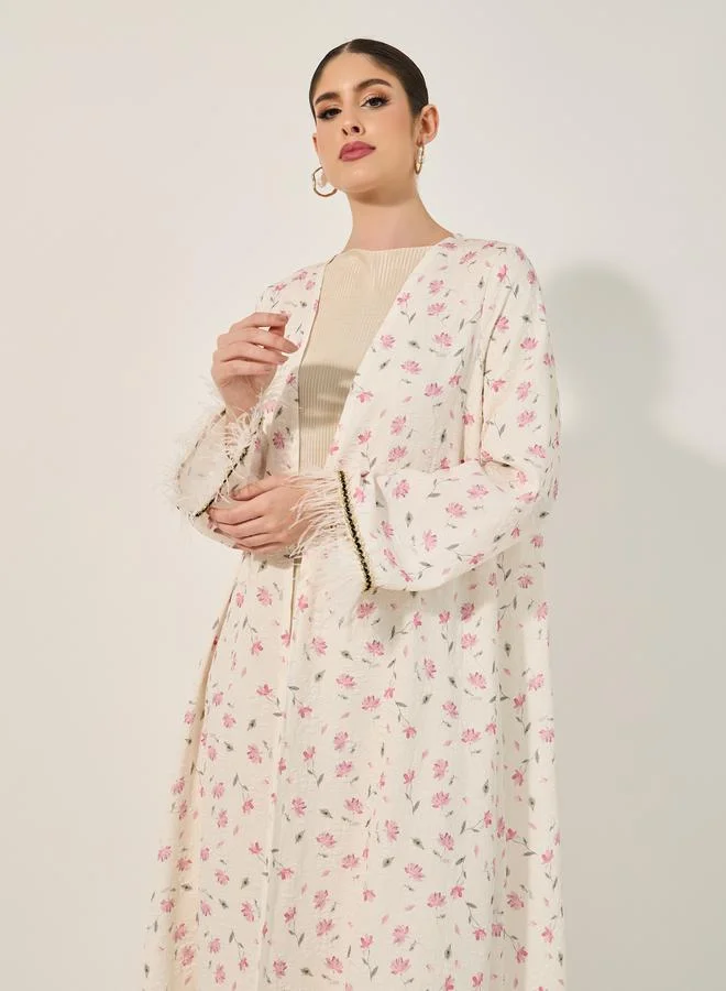 Styli Floral Print Jacquard Abaya Feather Trims Detail