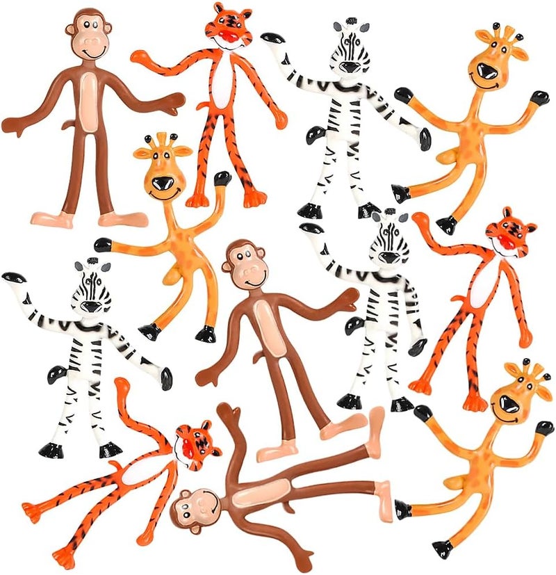 Rhode Island Novelty Dozen Bendable Zoo Animals - Giraffes, Tigers, Monkeys, and Zebras (4 inches tall) - Image 1