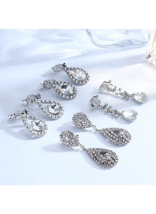 Thunaraz 4 Pairs Clip On Earrings For Women Crystal Teardrop Wedding Earrings Clip On Rhinestone Formal Chandelier Dangle Earrings For Brides Bridesmaids Stylish Non Pierced Jewelry  - Image 5