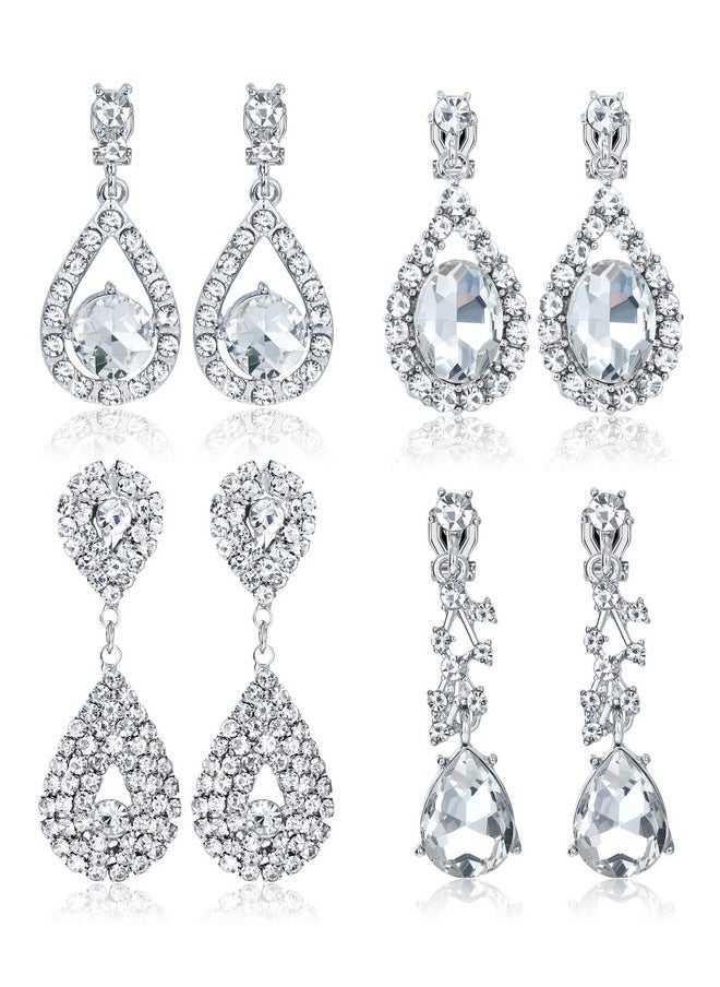 Thunaraz 4 Pairs Clip On Earrings For Women Crystal Teardrop Wedding Earrings Clip On Rhinestone Formal Chandelier Dangle Earrings For Brides Bridesmaids Stylish Non Pierced Jewelry  - Image 1