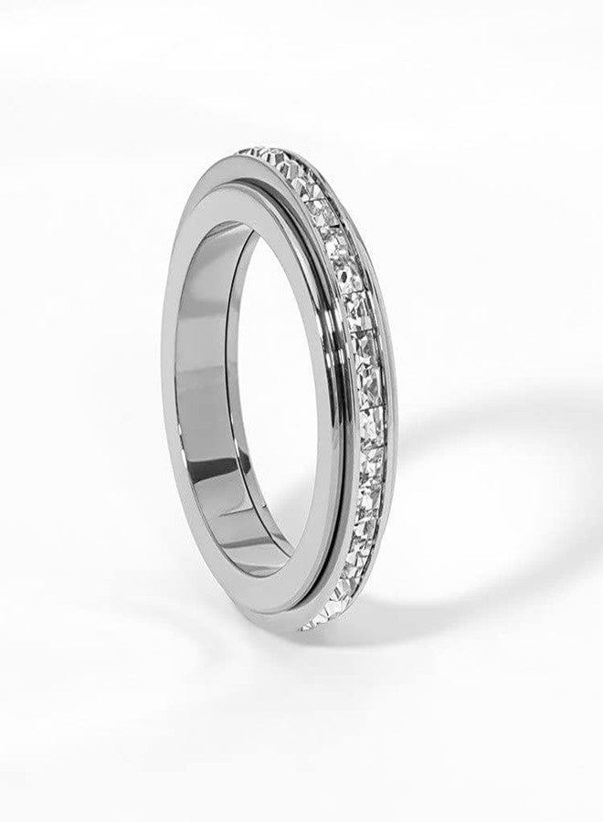 Pingyongchang Anxiety Rings Titanium Steel Spinner Fidget Band Rings for Women Ladies Cubic Zirconia Relieving Anxiety Wedding Promise Lucky Statement Rings Comfort Fit Size 6 to 10, 6, Metal - Image 2