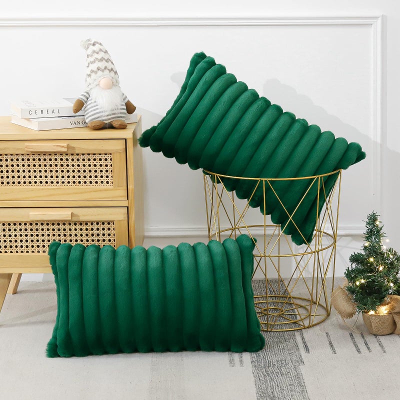 Soleebee Set of 2 Throw Pillow Covers Soft Cozy Velvet Pillowcase Faux Rabbit Fur Cover for Couch Sofa Bed Chair Home Decorative Pillows Cover (12x20 Inch  Christmas Green) - Image 3