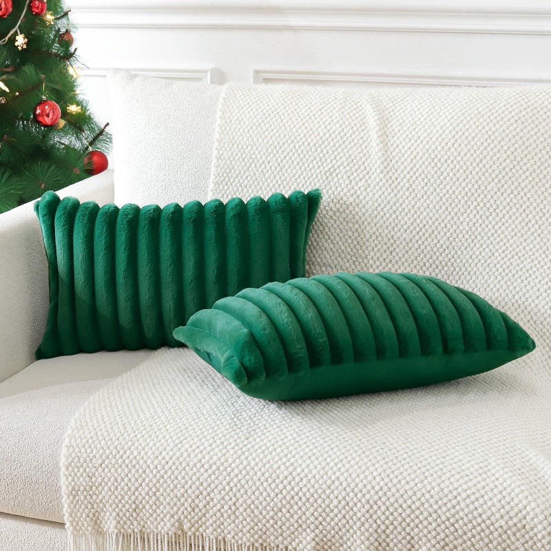 Soleebee Set of 2 Throw Pillow Covers Soft Cozy Velvet Pillowcase Faux Rabbit Fur Cover for Couch Sofa Bed Chair Home Decorative Pillows Cover (12x20 Inch  Christmas Green) - Image 2