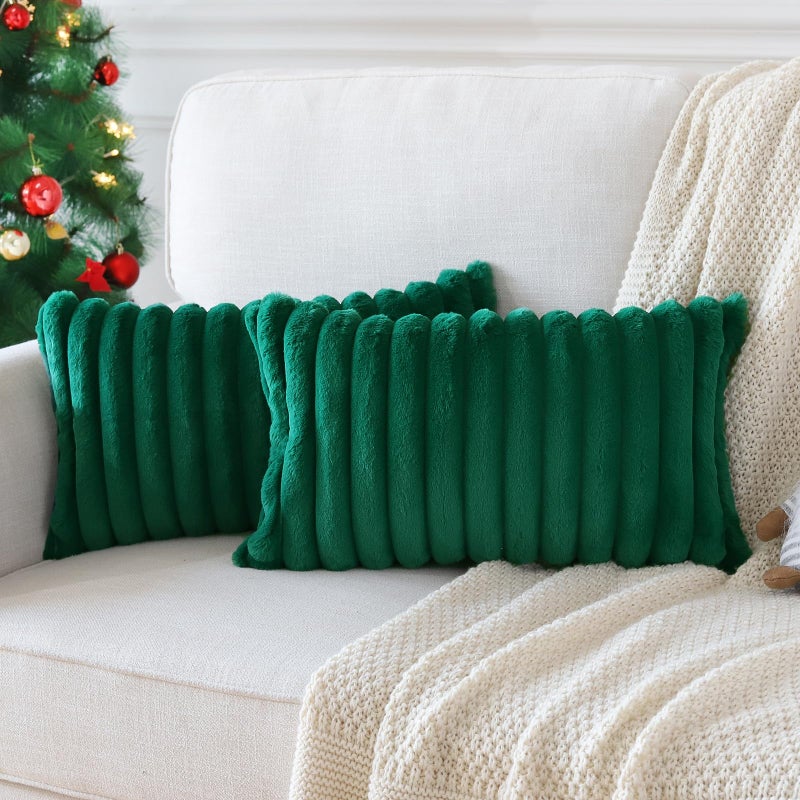 Soleebee Set of 2 Throw Pillow Covers Soft Cozy Velvet Pillowcase Faux Rabbit Fur Cover for Couch Sofa Bed Chair Home Decorative Pillows Cover (12x20 Inch  Christmas Green) - Image 1