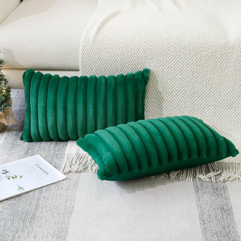 Soleebee Set of 2 Throw Pillow Covers Soft Cozy Velvet Pillowcase Faux Rabbit Fur Cover for Couch Sofa Bed Chair Home Decorative Pillows Cover (12x20 Inch  Christmas Green) - Image 5