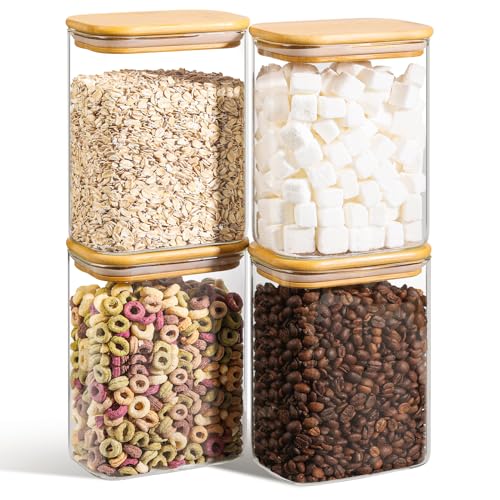 ComSaf 1.2 Qt Rectangle Glass Storage Containers with Lids, Glass Jars with Bamboo Lids, Clear Food Storage Jar, Sugar Coffee Containers, Pantry Container for Pasta Tea Candy Nut - Image 1