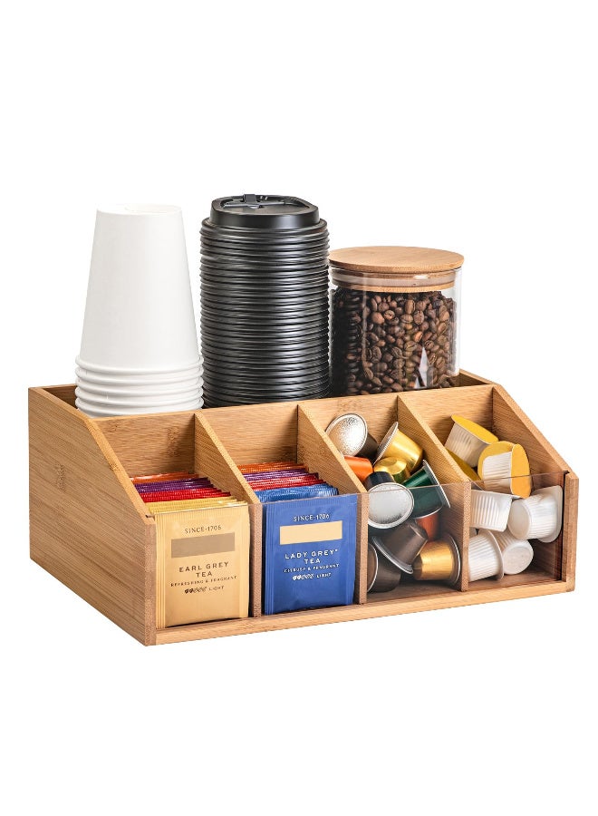 Bamboo Coffee Station Organizer with 5 Compartments for Tea Bags, Pods, Creamer, and Cups - Image 1