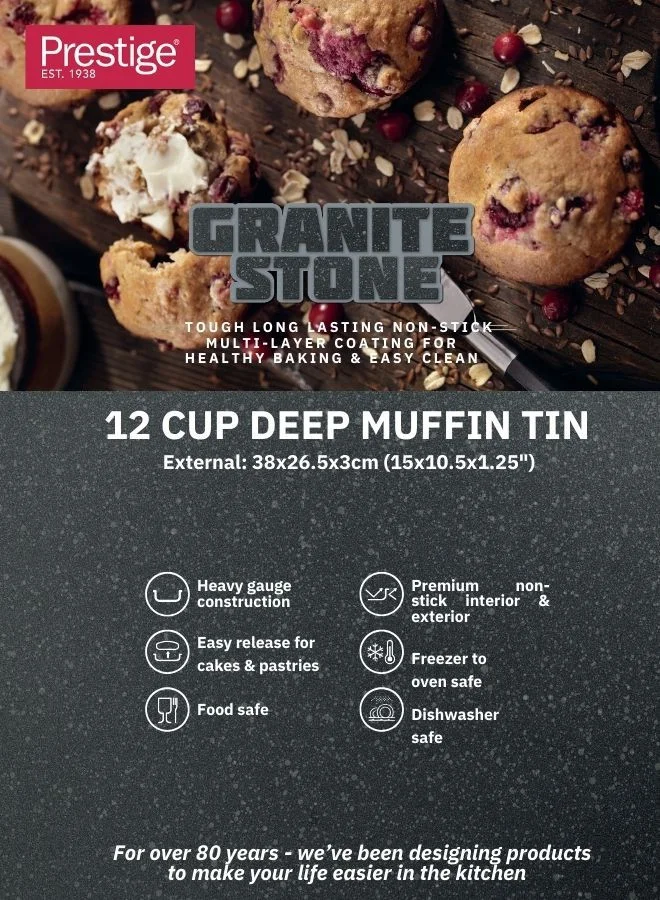 Prestige Prestige Granite Deep Muffin Tray | Non-Stick 12-Cup Muffin Pans Tin - Carbon Steel Baking Tray for Cupcakes PR48754