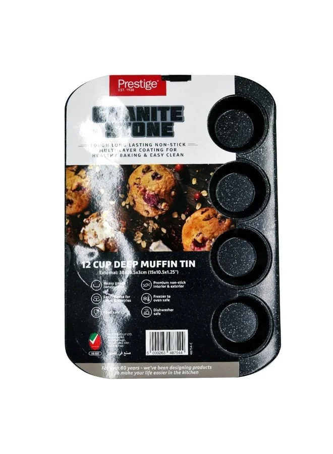Prestige Prestige Granite Deep Muffin Tray | Non-Stick 12-Cup Muffin Pans Tin - Carbon Steel Baking Tray for Cupcakes PR48754