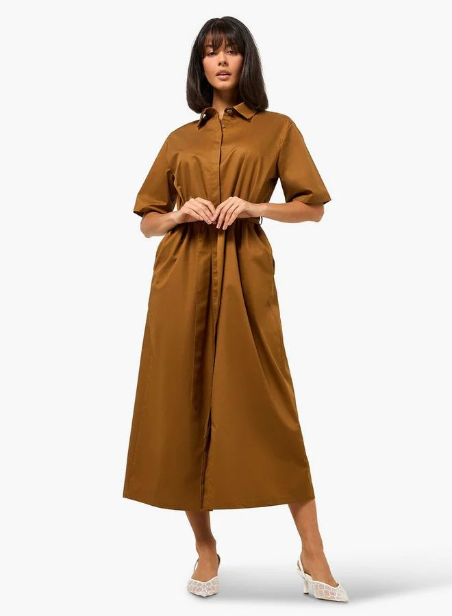 Splash FAV Lapel Collar Midi Cotton Shirt Dress with Tie Up Belt