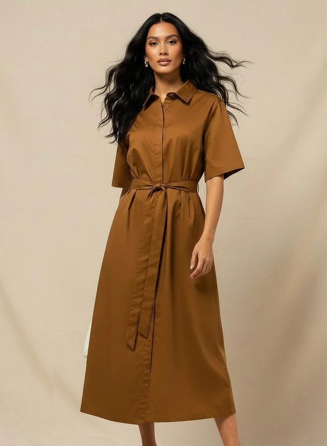Splash FAV Lapel Collar Midi Cotton Shirt Dress with Tie Up Belt