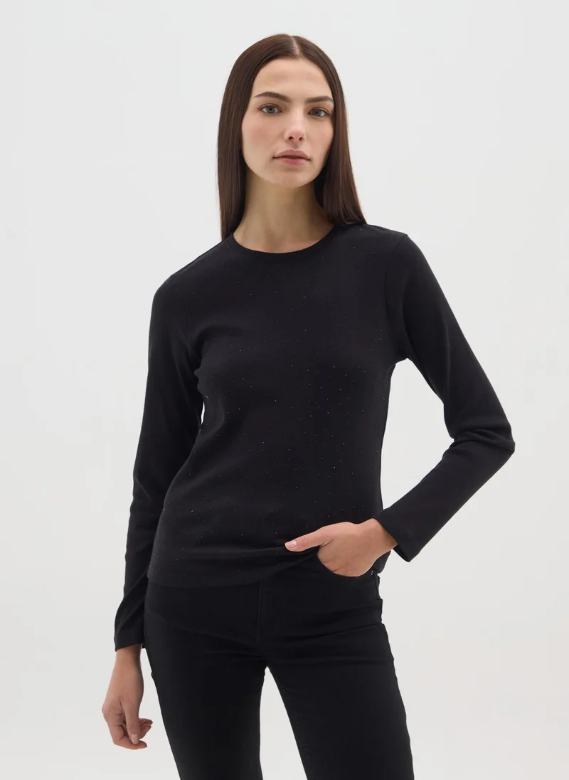 Ovs OVS Black Long Sleeve Shirt In Pure Cotton Regular Fit With Rhinestones