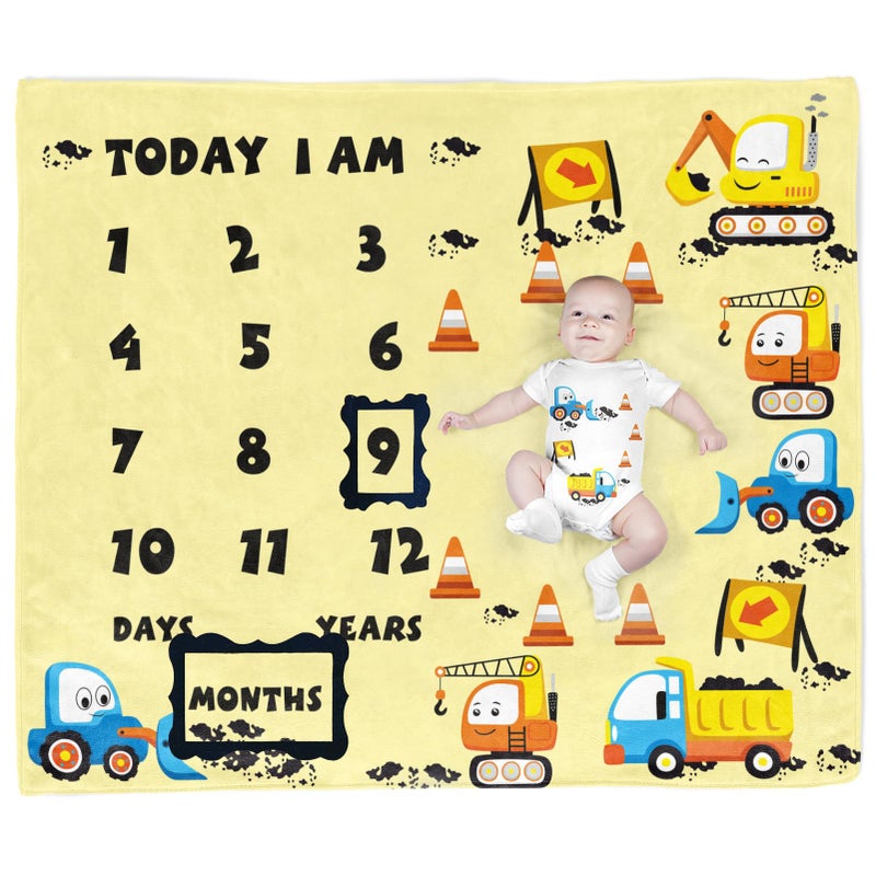 بامبو Construction Vehicle Baby Stuff, Engineering Excavator Baby Month Blanket for Newborn Photo Taken - Baby Age Blanket with 2 Frame - Image 1