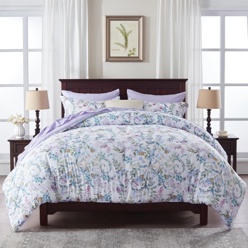 Purple Queen Comforter Set 7 Piece Bed in a BagAll Season Ultra Soft Lightweight Down Alternative Reversible Floral Bedding Set with ComforterPillow Shams PillowcasesFlat SheetFitted Sheet
