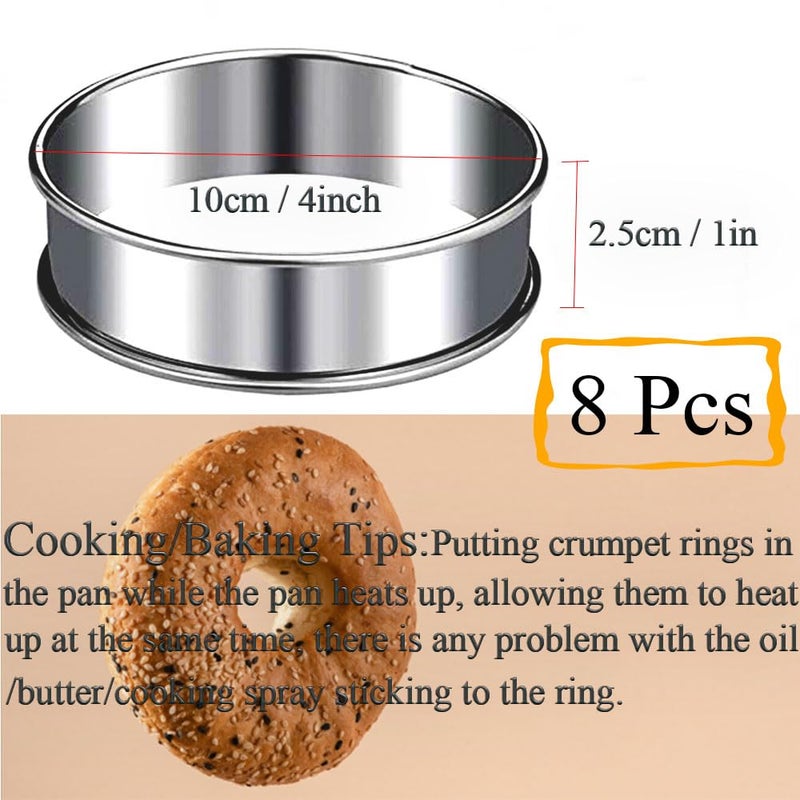 KUAYB 8-Pieces English Muffin Rings 4 Inch Crumpet Rings Stainless Steel Double Rolled Nonstick Metal Round Tart Ring Molds for Cookie Cooking Baking - Image 2