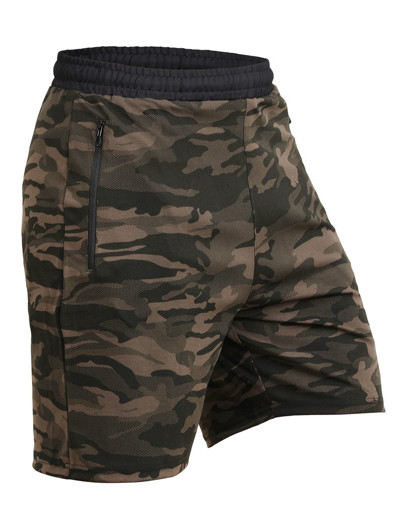 GYMIFIC Men’s Summer Camo Gym Shorts | Lightweight Stretchable Workout Shorts with Zip Pockets | Quick-Dry Training, Running, Football & Fitness Activewear (L, Army Green) - Image 1