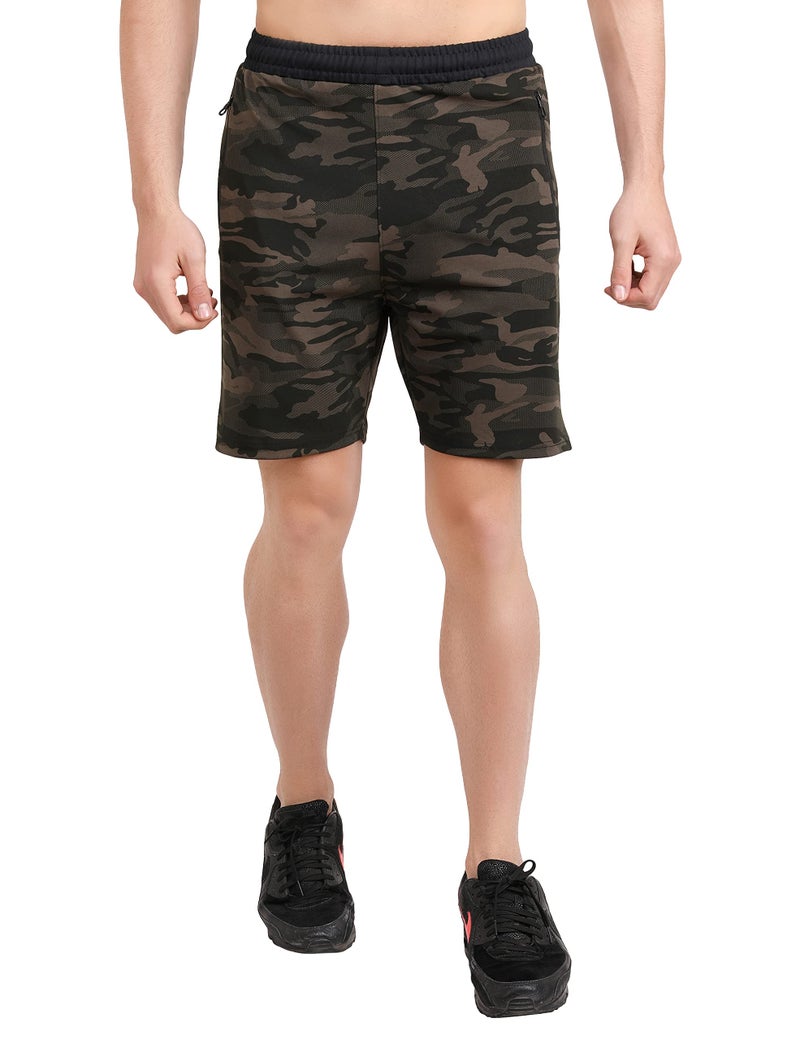 GYMIFIC Men’s Summer Camo Gym Shorts | Lightweight Stretchable Workout Shorts with Zip Pockets | Quick-Dry Training, Running, Football & Fitness Activewear (L, Army Green) - Image 2