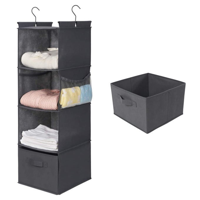 4SHELF HANGING CLOSET ORGANIZER SPACE SAVER CLOTH HANGING SHELVES WITH 2 SIDE POCKETS FOLDABLE GREY