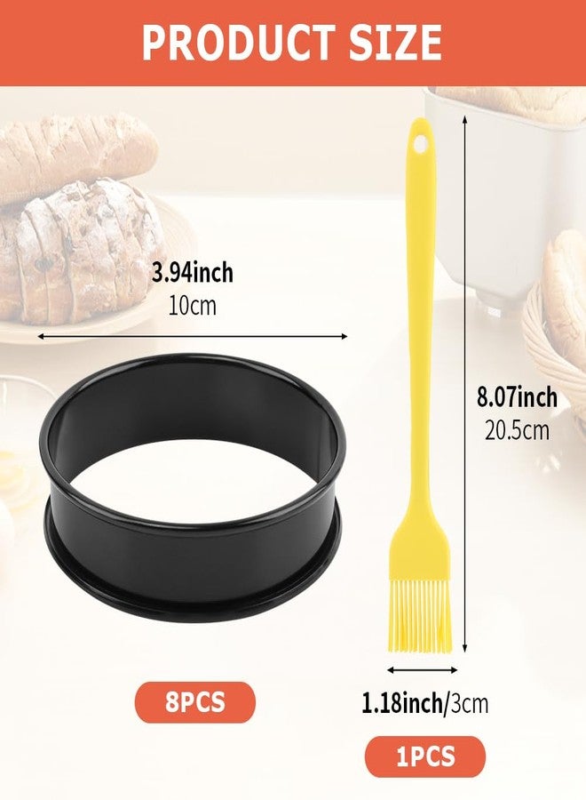 PUXING 8PCS Crumpet Rings Nonstick English Muffin Rings 4 Inch Stainless Steel Double Rolled Tart Rings Baking Egg Ring Round Metal Pastry Baking Rings with Silicone Brush(COLOR:black) - Image 2