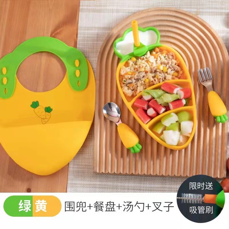 Creative Silicone Carrot Kids Dinnerware Set Yellow zipper bag with bib packaging 
