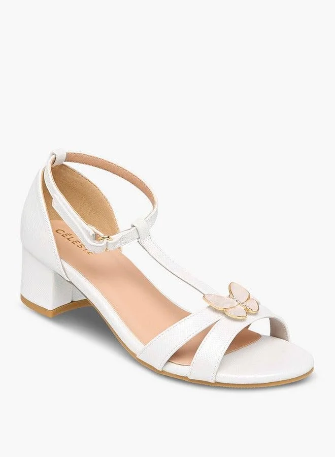 سيليست صنادل بكعب عريض مزينة بفراشة للبنات بإغلاق لاصق