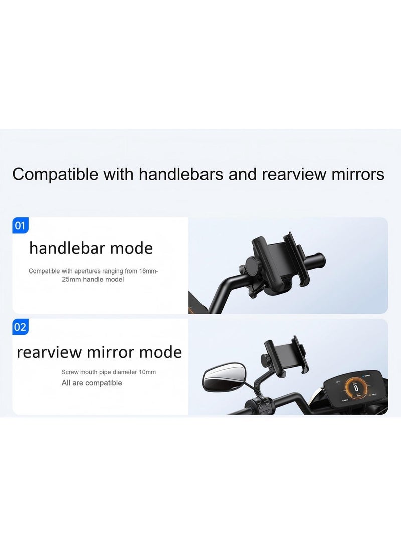 تيرالوكس حامل هاتف قابل للتعديل والدوران 360 درجة، مقاوم للصدمات، مناسب للدراجات الهوائية والنارية والسكوترات. يتضمن خيارات تثبيت على مرآة الرؤية الخلفية ومقود الدراجة. يتميز بتقنية امتصاص اهتزازات عالية الجودة وقفل أمان. سهل الاستخدام بيد واحدة، يوفر قبضة قوية، ومناسب لجميع أنواع الهواتف الذكية. متوافق مع مقود الدراجات الهوائية والجبلية، ومتوافق مع مختلف أنواع المركبات بما في ذلك الدراجات الهوائية والسكوترات. - Image 5