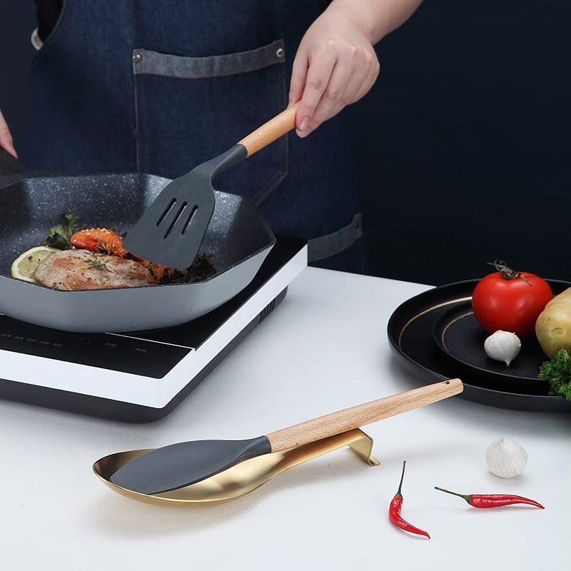 HOMQUEN Matte Gold Spoon Rest, Stainless Steel Spoon Holder for Stove Top, kitchen utensils Holder for Ladles, Tongs, Spatula, Stove Spoon Holder, Pot Lid Holder, Dishwasher Safe (1PC-9.5 Inch) - Image 3