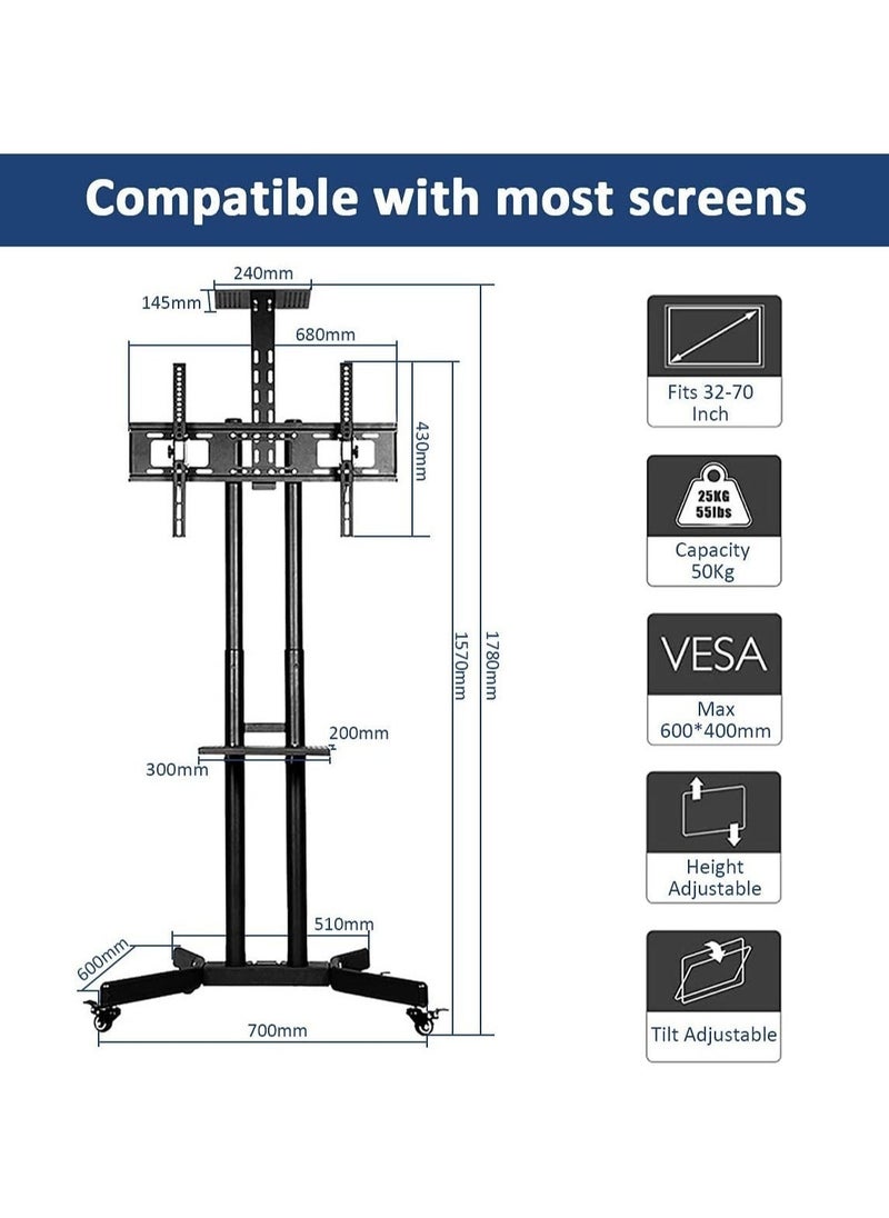 ELTRAZONE Mobile TV Stand Rolling TV Cart,Floor TV Stand Trolley for 32” to 70” LCD LED Flat Curved Screen Tilt Height Adjustable TV Stand Mounted with Wheels 2 Media Shelves Cable Management  - Image 5