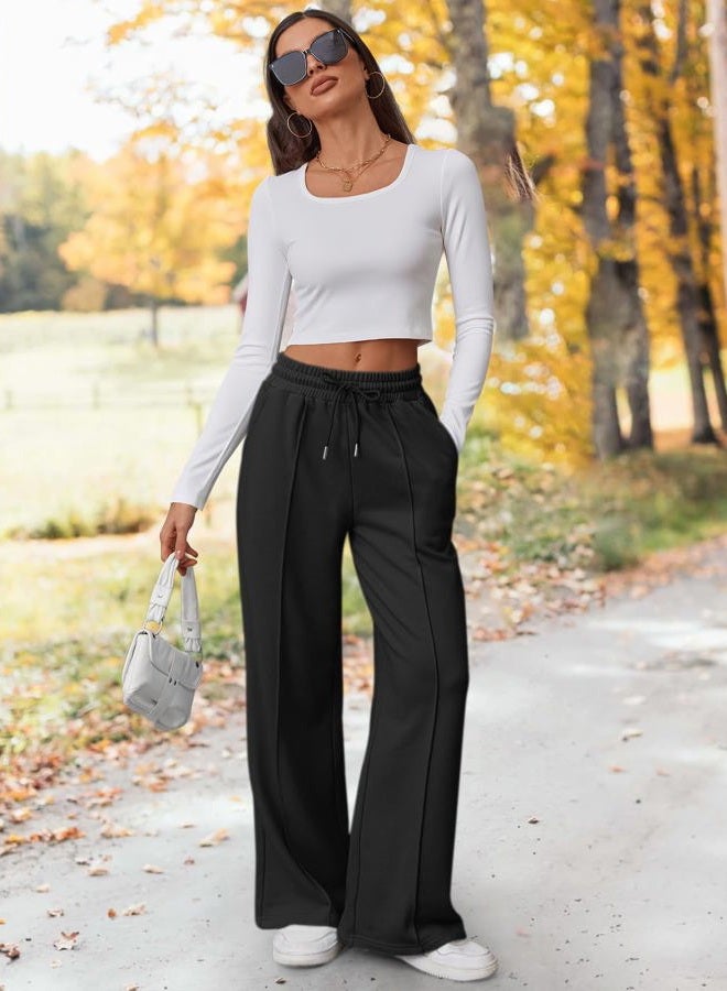 MIROMIHO Womens Wide Leg Sweatpants Flare High Waisted Baggy Pants Drawstring Athletic Joggers Fashion Winter Outfits, Black, XL - Image 3