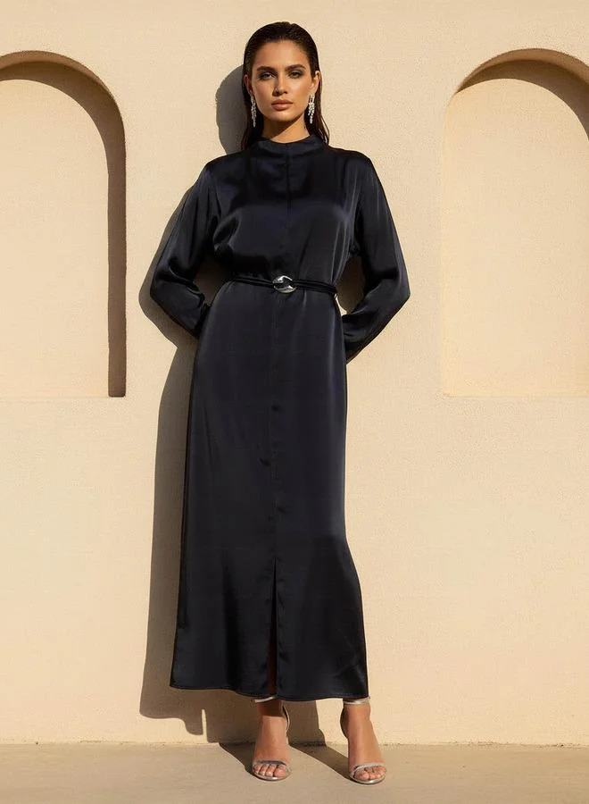 ايكونيك Iconic A line Midi Satin Dress with Belt Detail
