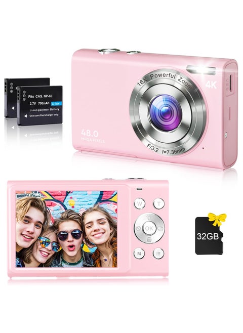 Digital Camera, 4K Vlogging Camera for YouTube Autofocus 48MP UHD Cameras for Photography with Anti-Shake, 16X Digital Zoom Point and Shoot Digital Camera with 32GB Card for Teens Adult Beginner