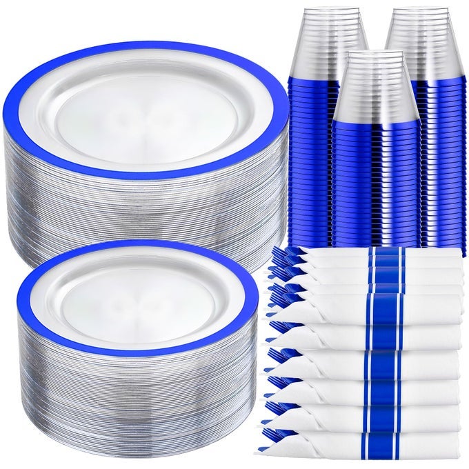 210 PCS DARK BLUE PLASTIC PLATES CLEAR DISPOSABLE PLATES FOR 30 GUESTS BLUE DINNERWARE INCLUDE 30 DINNER PLATES 30 DESSERT PLATES 30 CUPS 30 PRE ROLLED NAPKINS WITH CUTLERY SET FOR PARTY