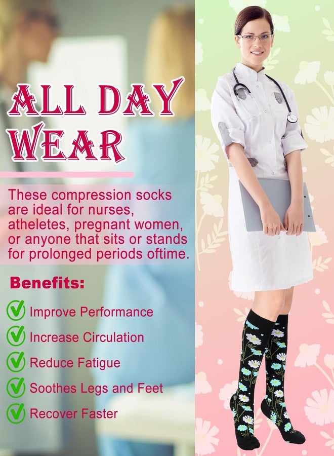 Cutecrop 8 Pairs Flower Compression Socks for Women 15-20 mmHg Knee High Support Nurse Compression Socks Gift for Nursing Graduate Mother‘s Day Maternity Athletic Flying - Image 5