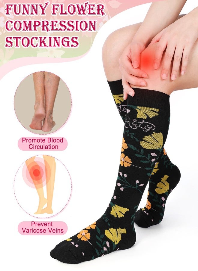 Cutecrop 8 Pairs Flower Compression Socks for Women 15-20 mmHg Knee High Support Nurse Compression Socks Gift for Nursing Graduate Mother‘s Day Maternity Athletic Flying - Image 4