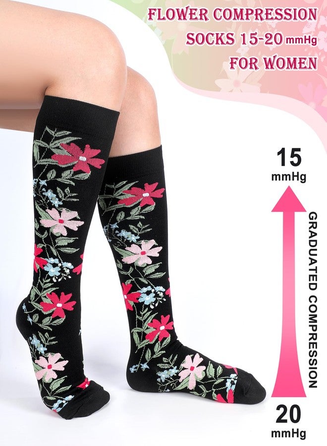 Cutecrop 8 Pairs Flower Compression Socks for Women 15-20 mmHg Knee High Support Nurse Compression Socks Gift for Nursing Graduate Mother‘s Day Maternity Athletic Flying - Image 2