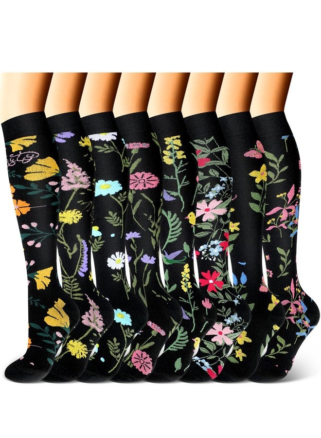 Cutecrop 8 Pairs Flower Compression Socks for Women 15-20 mmHg Knee High Support Nurse Compression Socks Gift for Nursing Graduate Mother‘s Day Maternity Athletic Flying - Image 1