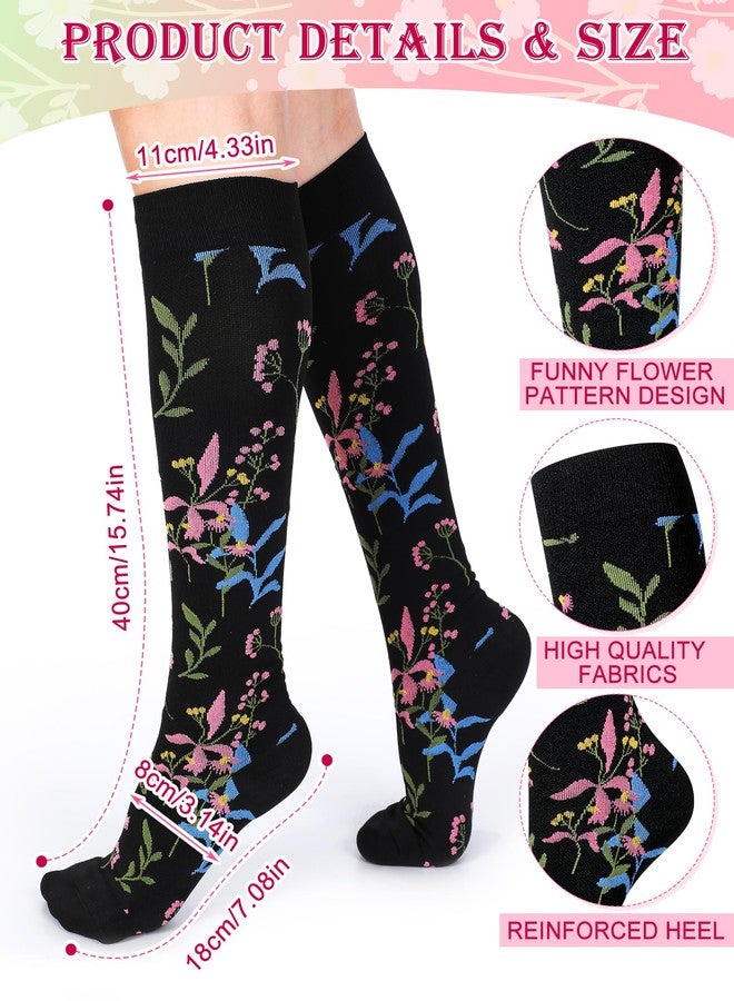 Cutecrop 8 Pairs Flower Compression Socks for Women 15-20 mmHg Knee High Support Nurse Compression Socks Gift for Nursing Graduate Mother‘s Day Maternity Athletic Flying - Image 3