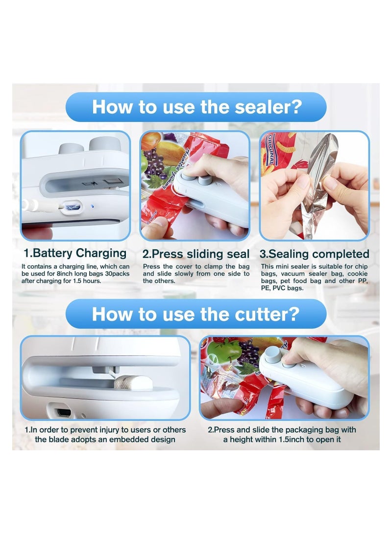 SYOSI Mini Bag Sealer, 2 in 1 Heat Sealer For Snacks, Rechargeable Handheld Plastic Bag Resealer, Vacuum Bag Sealing Machine Portable, Keep Food Chips Cookies Fresh (White) - Image 5
