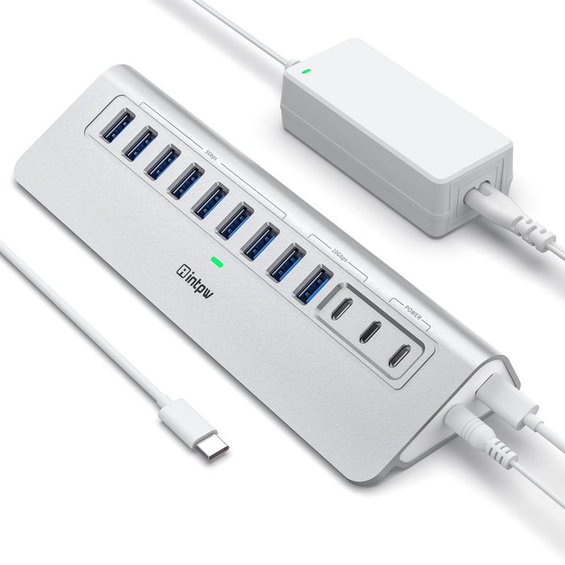 intpw Powered USB Hub 10Gbps, intpw YH9AC 12 Port USB C Hub with 10Gbps USB C 3.2+2 USB A 3.2, 7 USB 3.0, 2 PD 45W Charging Port, 65W Power Adapter + 3.3FT Cable, Aluminum USB Hub for Laptop/iPhone 17/16/PC - Image 1