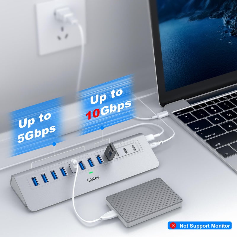 intpw Powered USB Hub 10Gbps, intpw YH9AC 12 Port USB C Hub with 10Gbps USB C 3.2+2 USB A 3.2, 7 USB 3.0, 2 PD 45W Charging Port, 65W Power Adapter + 3.3FT Cable, Aluminum USB Hub for Laptop/iPhone 17/16/PC - Image 3