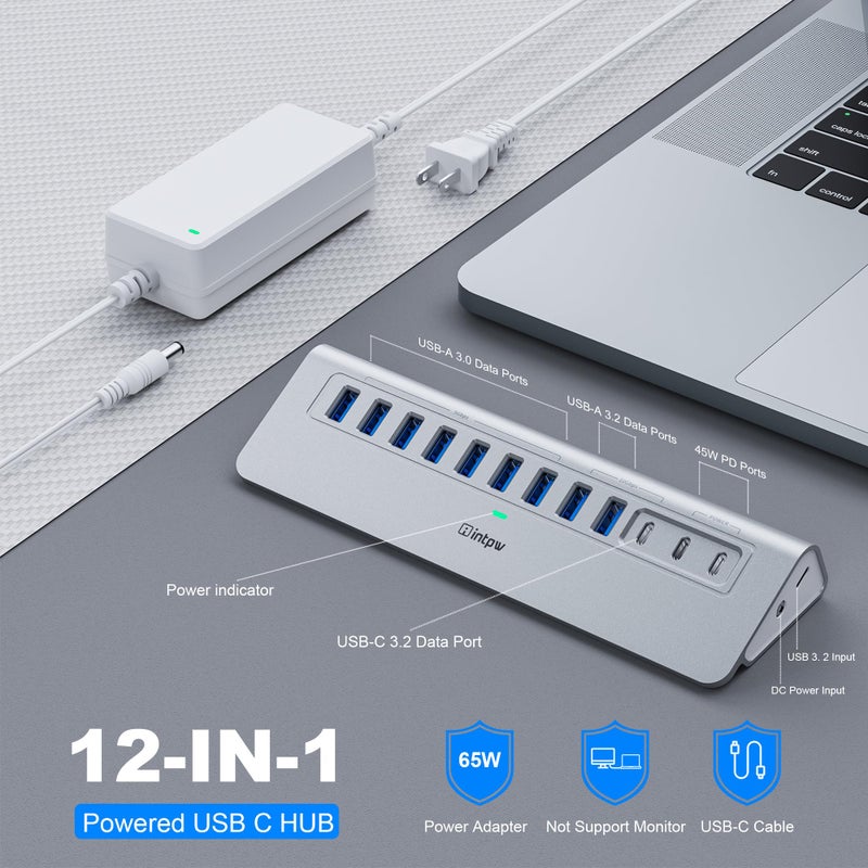 intpw Powered USB Hub 10Gbps, intpw YH9AC 12 Port USB C Hub with 10Gbps USB C 3.2+2 USB A 3.2, 7 USB 3.0, 2 PD 45W Charging Port, 65W Power Adapter + 3.3FT Cable, Aluminum USB Hub for Laptop/iPhone 17/16/PC - Image 2