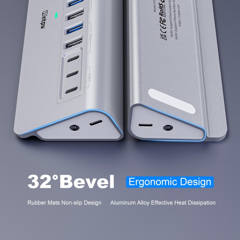 intpw Powered USB Hub 10Gbps, intpw YH9AC 12 Port USB C Hub with 10Gbps USB C 3.2+2 USB A 3.2, 7 USB 3.0, 2 PD 45W Charging Port, 65W Power Adapter + 3.3FT Cable, Aluminum USB Hub for Laptop/iPhone 17/16/PC - Image 5
