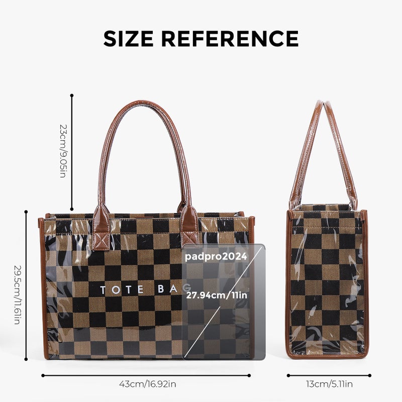 Brown Checkerboard PVC Large Tote Bag - Image 3