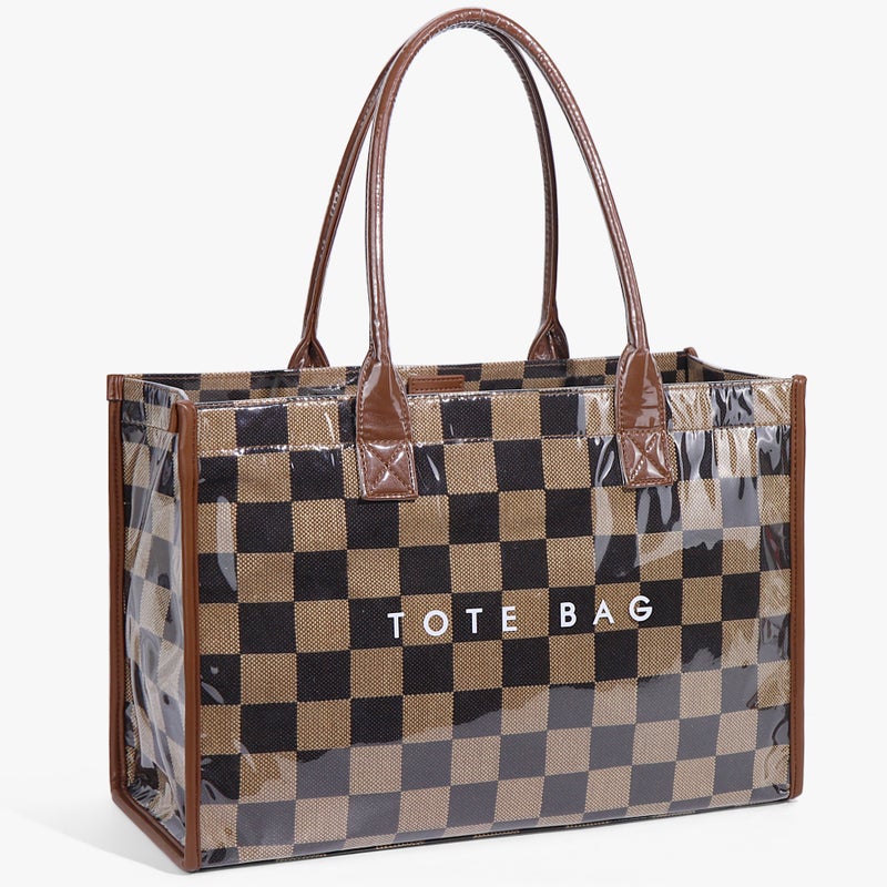 Brown Checkerboard PVC Large Tote Bag - Image 1