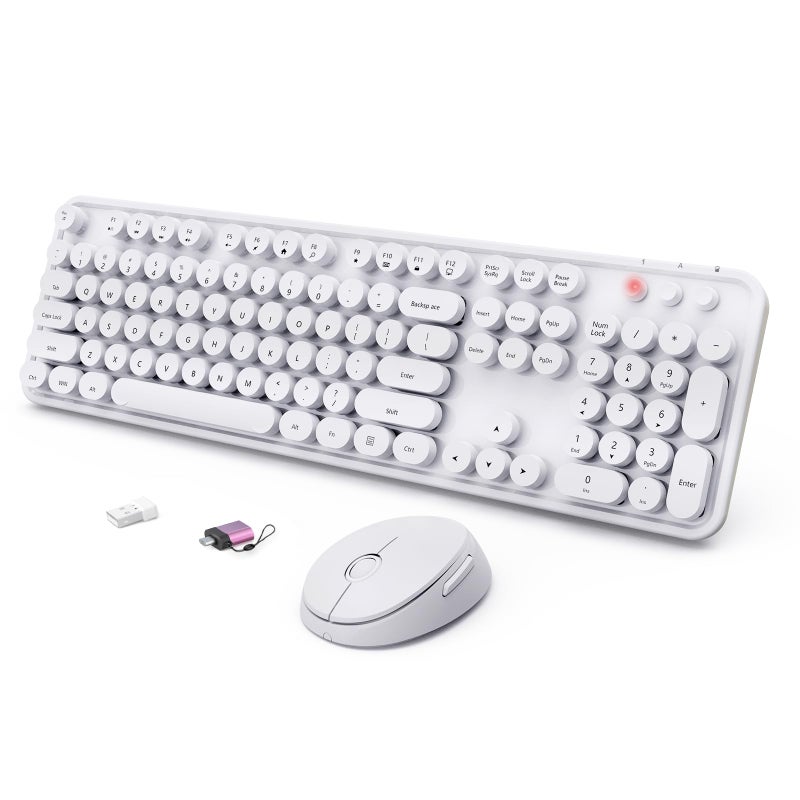 SkyGive Wireless Keyboard and Mouse Combo, Ergonomic Full Size Typewriter Retro Round Keycaps Keyboard, Compatible with Windows, PC, Perfer for Home and Office Keyboardsï¼ˆWhiteï¼‰ - Image 1