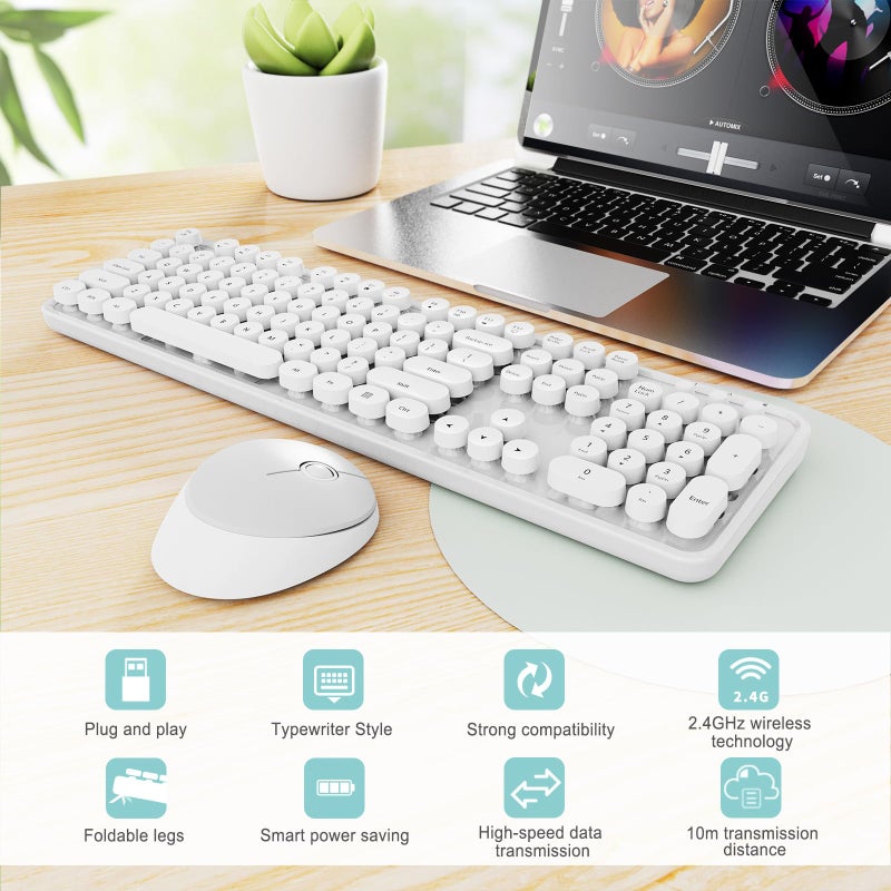 SkyGive Wireless Keyboard and Mouse Combo, Ergonomic Full Size Typewriter Retro Round Keycaps Keyboard, Compatible with Windows, PC, Perfer for Home and Office Keyboardsï¼ˆWhiteï¼‰ - Image 3