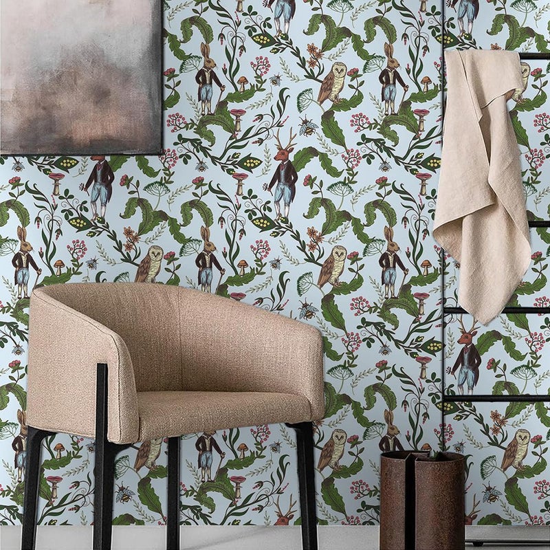 MuralPeel Sky Blue Animals Rabbits Owl Green Leaf Vine Vintage Peel and Stick Wallpaper Self Adhesive Removable Easy Peel Off Contact Paper Stick on Wall Paper for Bedroom Cabinet Renter Friendly - Image 3
